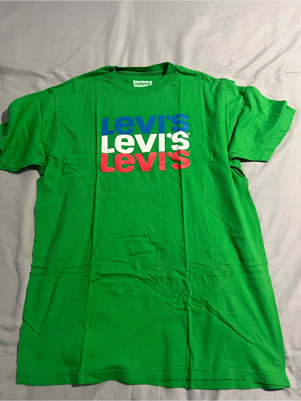 Levi's Bright Green Tee with Blue White Red Logo Size L